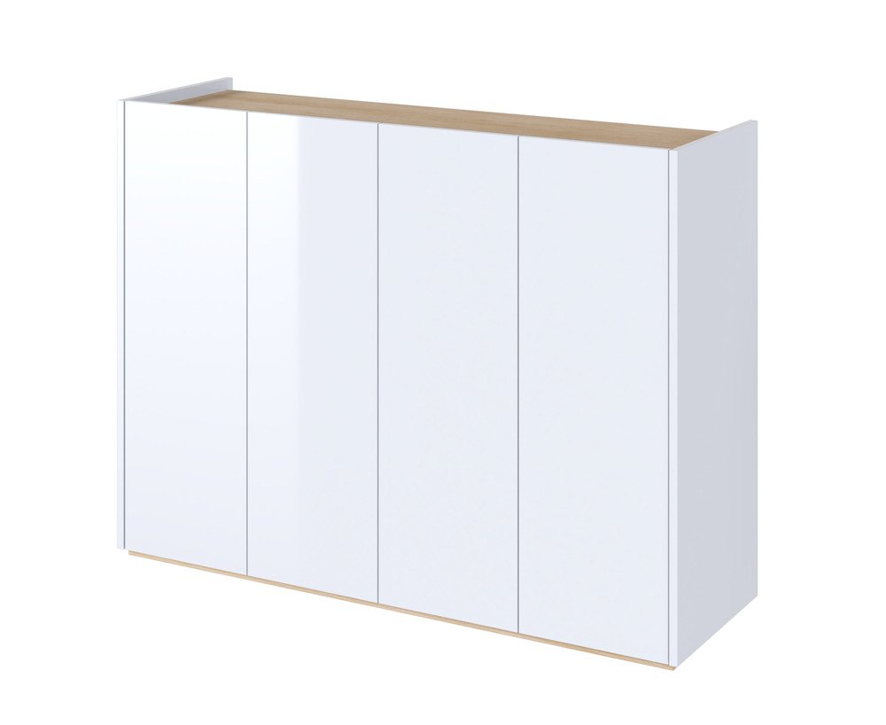 SELSEY Komoda czterodrzwiowa Easy z oświetleniem LED 126 cm Biała połysk/Dąb Scandi