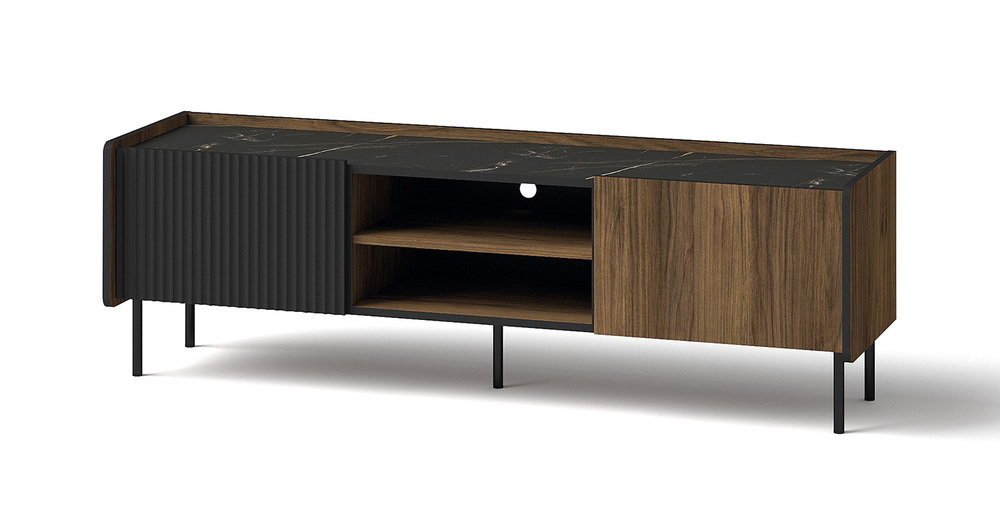 SELSEY Szafka RTV dwudrzwiowa Prestigo z ryflami i półką 150 cm orzech warmia/czarny/san sebastian