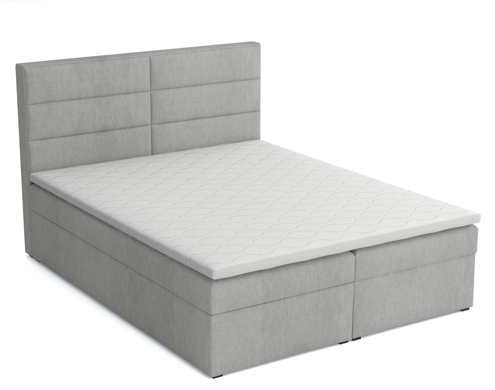 SELSEY Łóżko kontynentalne 180x200 cm Valdamone z pojemnikami i topperem jasnoszare welur łatwoczyszczący