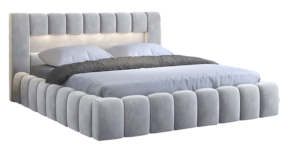 SELSEY Łóżko tapicerowane 140x200 cm Rodeiro z pojemnikami i oświetleniem z drewnianym stelażem jasnoszare welwet hydrofobowy
