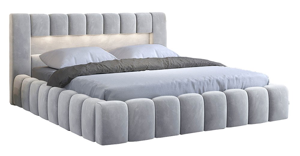 SELSEY Łóżko tapicerowane 140x200 cm Rodeiro z pojemnikami i oświetleniem z drewnianym stelażem jasnoszare welwet hydrofobowy