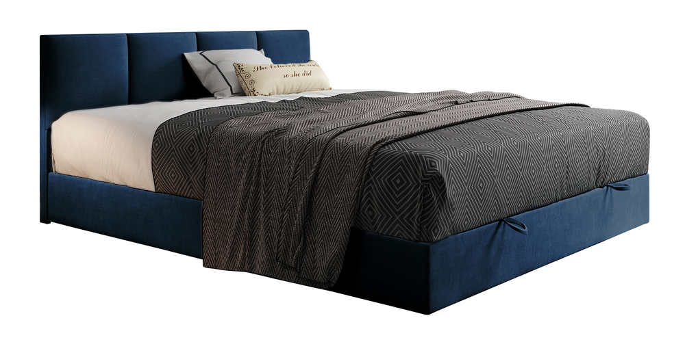 SELSEY Łóżko kontynentalne 160x200 cm Rekand z pojemnikiem z materacem kieszeniowym i topperem granatowe welur