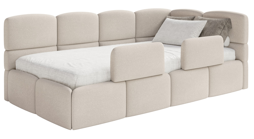 SELSEY Łóżko młodzieżowe 90x200 cm Cloudy prawostronne z pojemnikiem i barierkami kremowe szenil