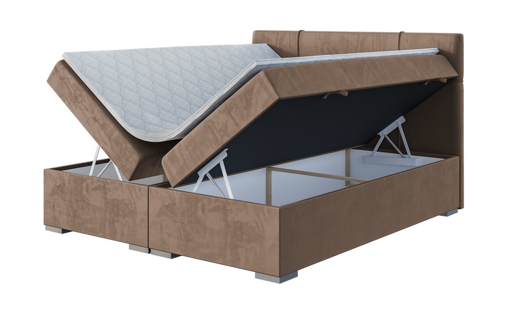 SELSEY Łóżko kontynentalne 180x200 cm Agnone z pojemnikami i topperem jasnobrązowe welur hydrofobowy