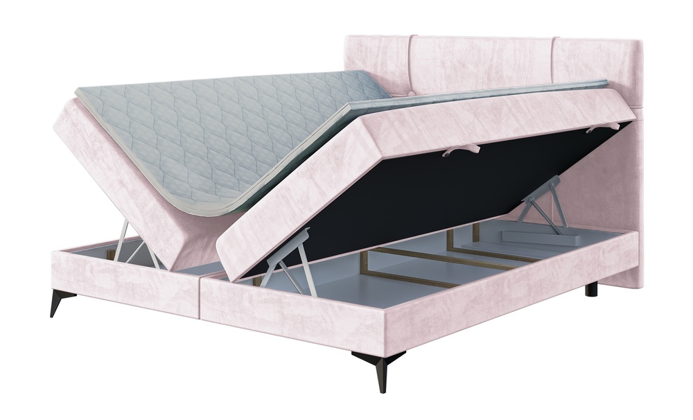 SELSEY Łóżko kontynentalne 140x200 cm Isorella z pojemnikami i topperem pudrowy róż welur hydrofobowy