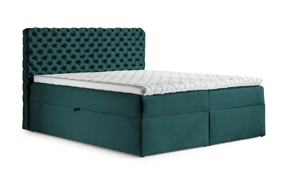 SELSEY Łóżko kontynentalne Costmary 120x200 z dwoma pojemnikami, materacem i topperem turkusowe hydrofobowe