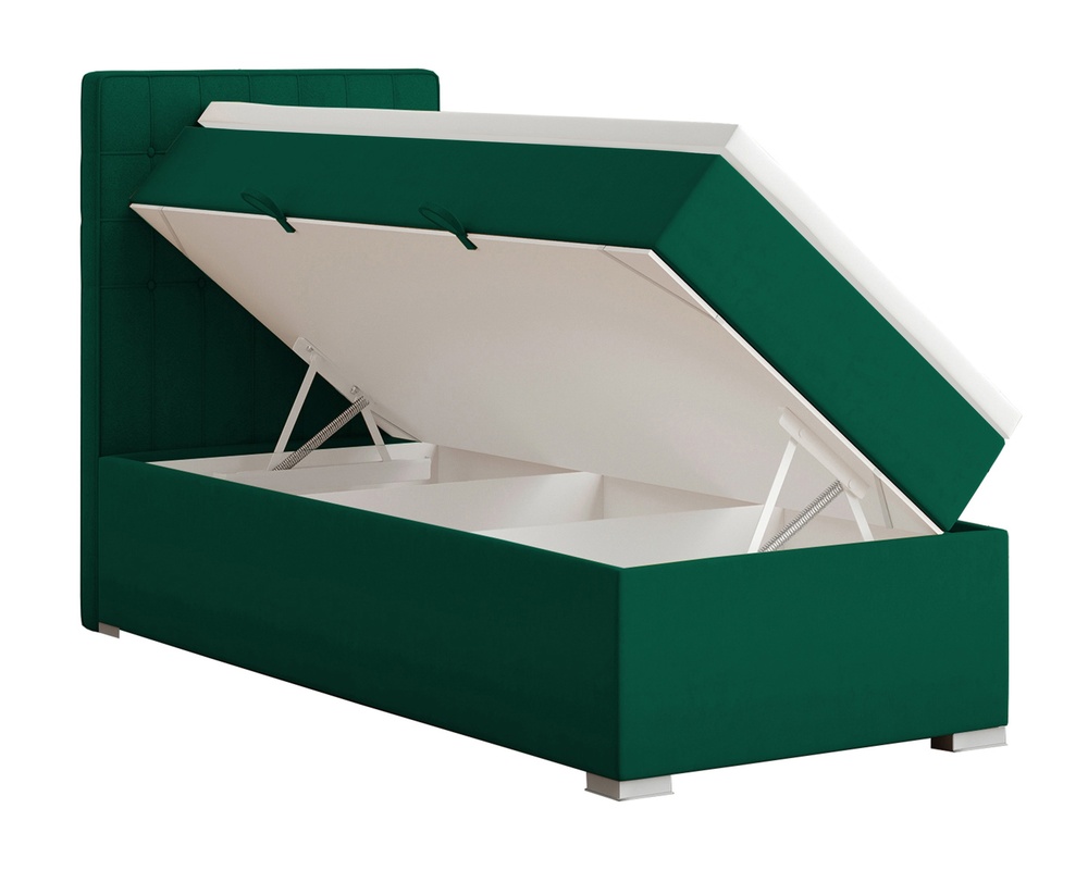 SELSEY Łóżko kontynentalne 90x200 cm Ketlin z pojemnikiem i topperem zielone welur hydrofobowy lewostronne