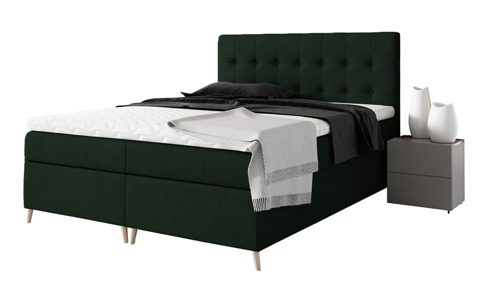 SELSEY Łóżko kontynentalne Merrans 200x200 z dwoma pojemnikami, materacem i topperem ciemnozielone hydrofobowe