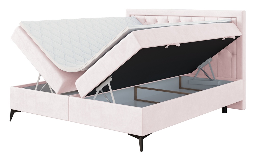 SELSEY Łóżko kontynentalne 140x200 cm Figino z pojemnikami i topperem pudrowy róż welur hydrofobowy