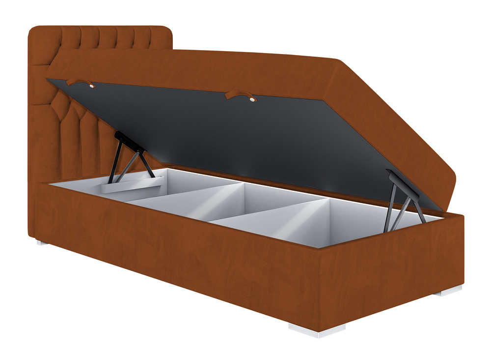 SELSEY Łóżko kontynentalne 90x200 cm Persival z pojemnikiem i topperem miedziane welur hydrofobowy lewostronne