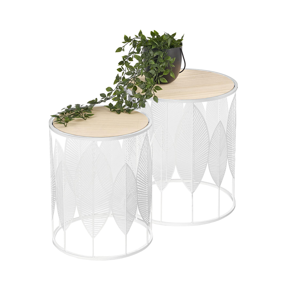 SELSEY Zestaw dwóch stolików Renie średnica z motywem liści biały