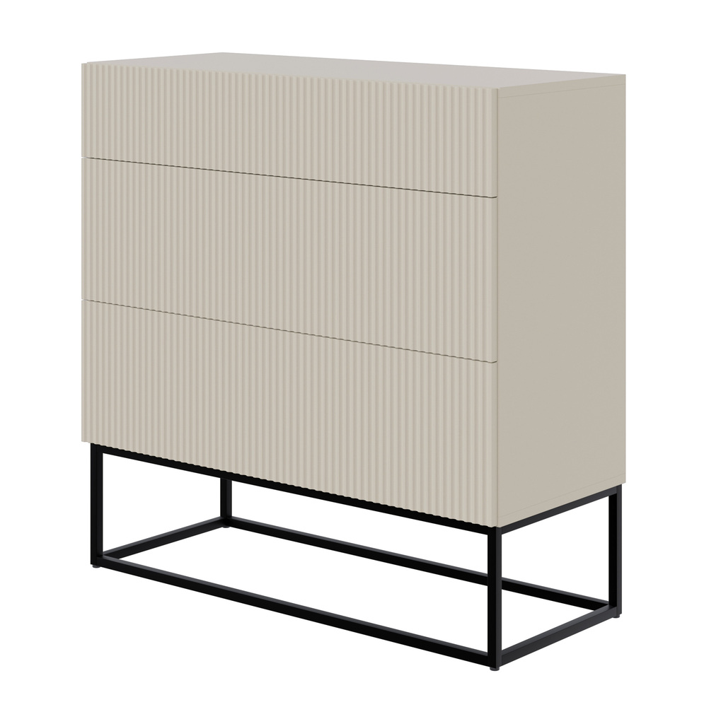 SELSEY Komoda Veldio z frezowanym frontem i trzema szufladami 90 cm Szary beż z czarnymi nogami