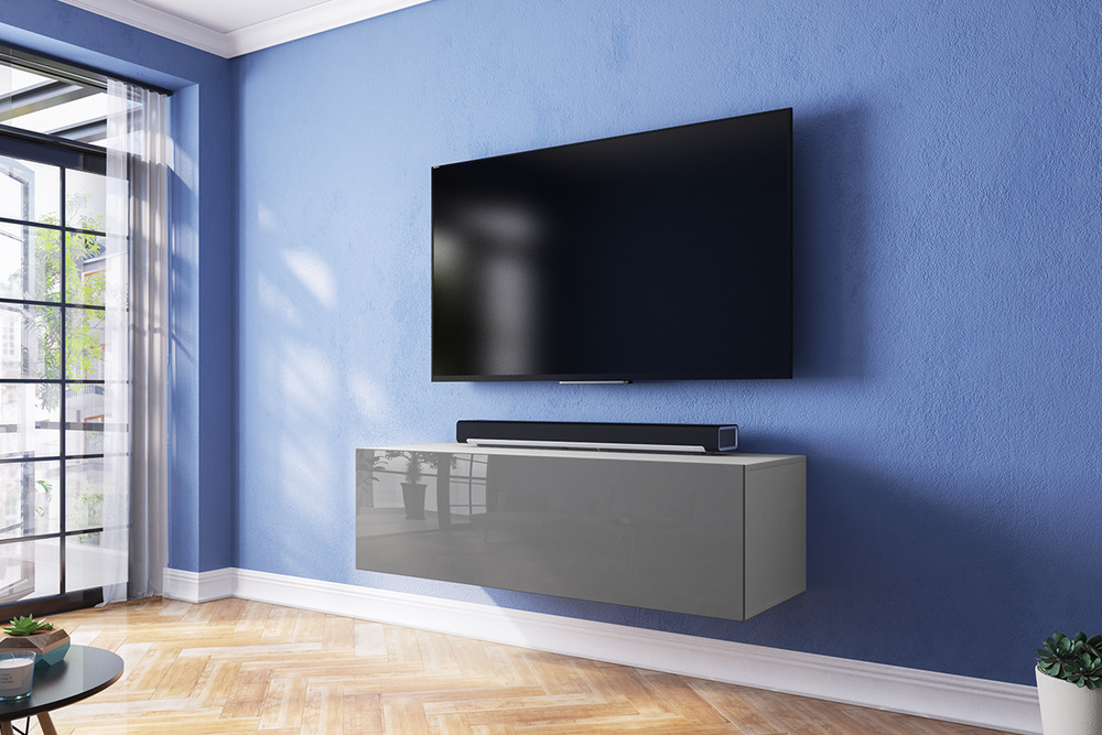 SELSEY OUTLET - Szafka RTV Skylara 160 cm Biały mat / Szary połysk z oświetleniem LED niebieskim