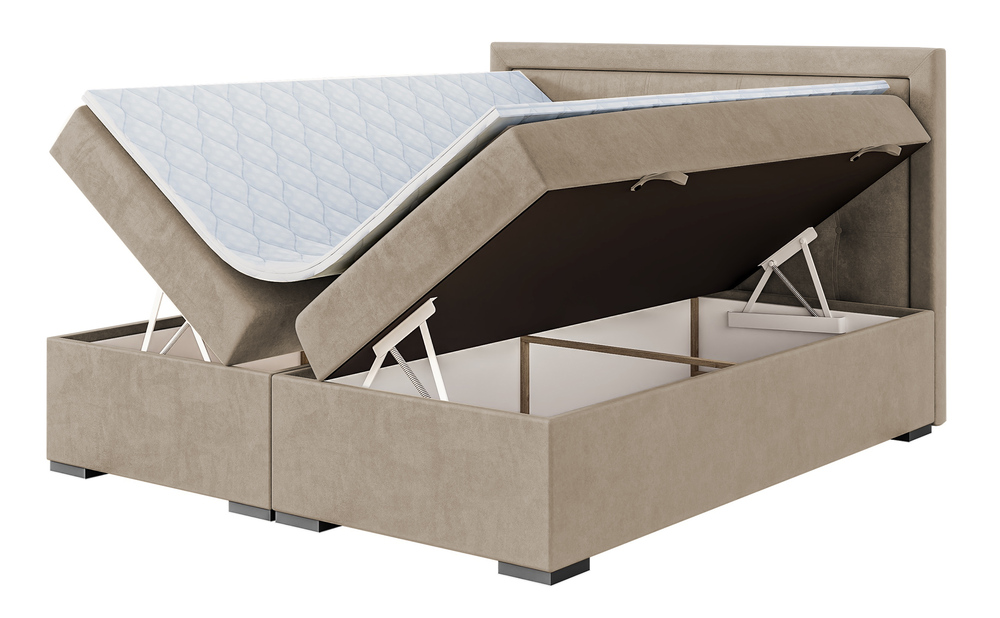 SELSEY Łóżko kontynentalne 180x200 cm Fenili z pojemnikami i topperem beżowe welur hydrofobowy