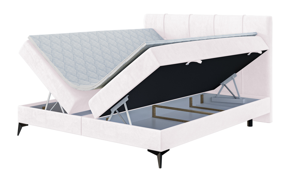 SELSEY Łóżko kontynentalne 140x200 cm Rebecco z pojemnikami i topperem pudrowy róż welur hydrofobowy