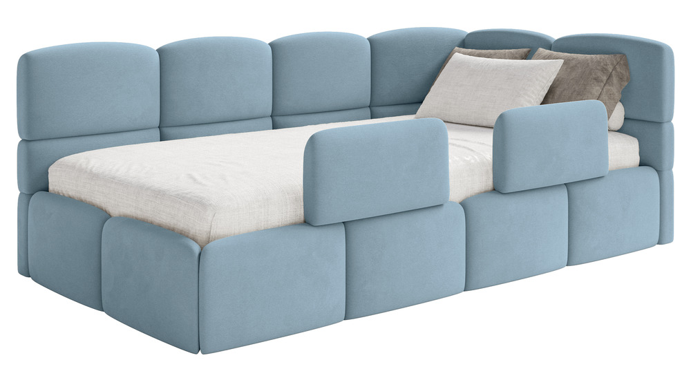 SELSEY Łóżko młodzieżowe 90x200 cm Cloudy prawostronne z pojemnikiem i barierkami błękitne welur hydrofobowy łatwoczyszczący