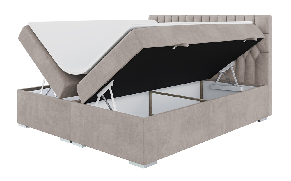 SELSEY Łóżko kontynentalne 160x200 cm Persival z pojemnikami i topperem szarobeżowe welur