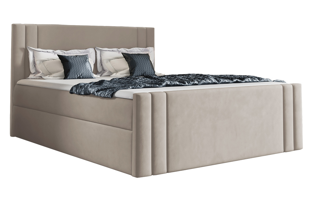 SELSEY Łóżko kontynentalne Dulmo 200x200 z dwoma pojemnikami, materacem i topperem szarobeżowe hydrofobowe