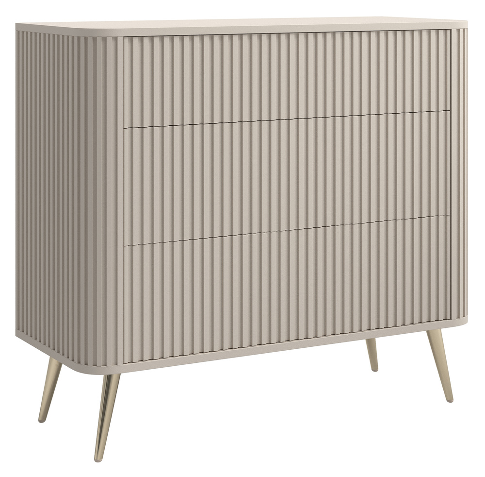 SELSEY Komoda Ovarlo z ryflami i trzema szufladami 93 cm beż piaskowy ze złotymi nogami