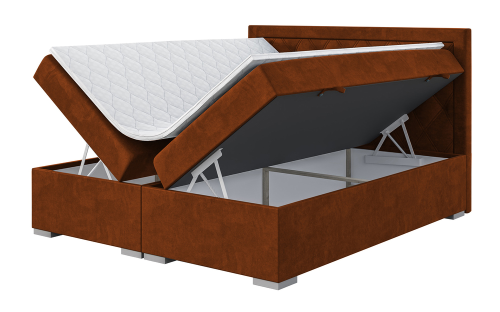 SELSEY Łóżko kontynentalne 160x200 cm Bottaiano z pojemnikami i topperem miedziane welur hydrofobowy