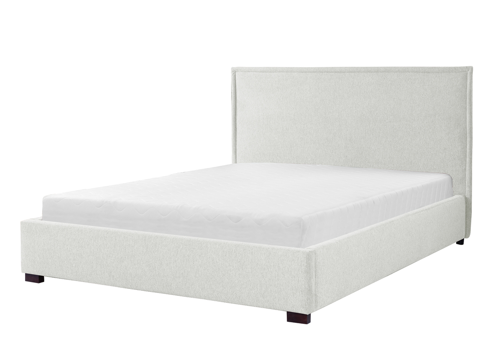 SELSEY Łózko tapicerowane z pojemnikiem Asombra kremowe 160/200 cm w tkaninie hydrofobowej plecionka nogi czarne