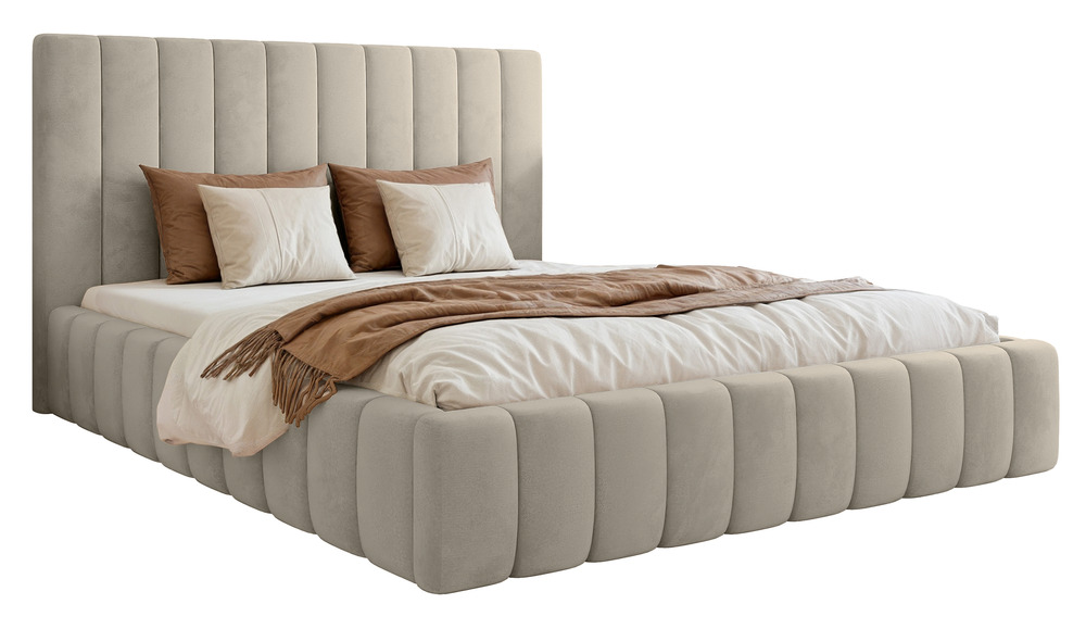 SELSEY Łóżko tapicerowane 180x200 cm Fiarro z pojemnikiem na pościel jasnobeżowe welur stelaż metalowy