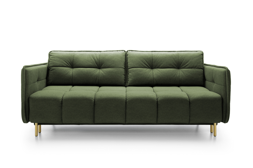 SELSEY Kanapa rozkładana trzyosobowa Portosello na złotych nóżkach ze sprężyną pocketową i pojemnikiem oliwkowa velvet łatwoczyszczący