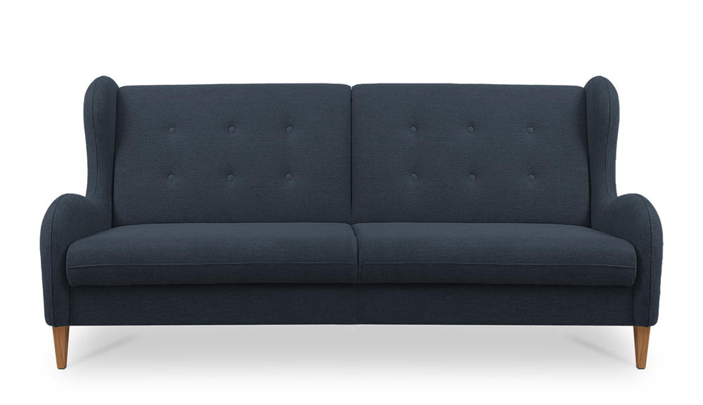 SELSEY Wersalka trzyosobowa Grimmu granatowa z pojemnikiem w tkaninie hydrofobowej welur nogi jasne drewno