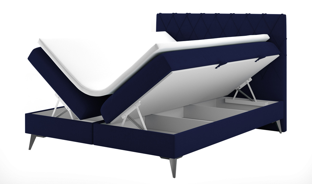 SELSEY Łóżko kontynentalne 140x200 cm Welagano z pojemnikami i topperem granatowe welur hydrofobowy