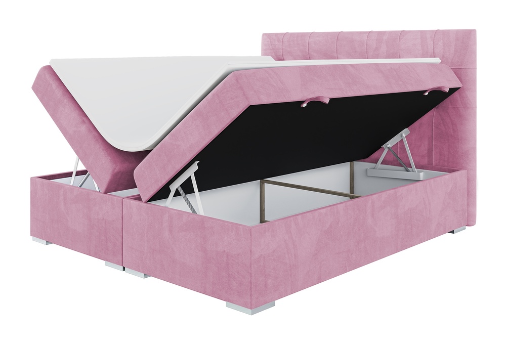 SELSEY Łóżko kontynentalne 140x200 cm Tondela z pojemnikami i topperem różowe welur hydrofobowy