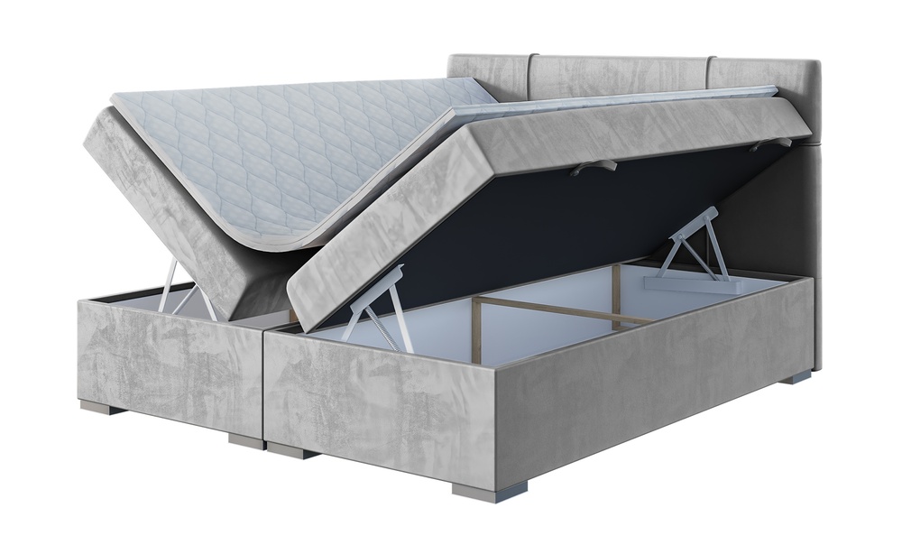 SELSEY Łóżko kontynentalne 140x200 cm Agnone z pojemnikami i topperem jasnoszare welur hydrofobowy
