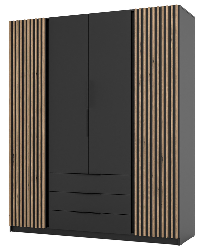 SELSEY Szafa Kaja czterodrzwiowa z lamelami i trzema szufladami 200 cm czarna