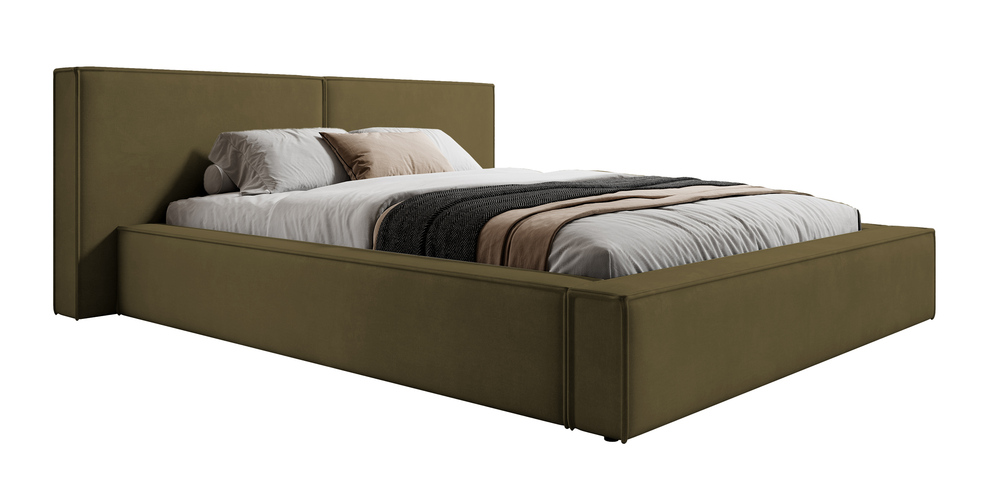 SELSEY Łóżko tapicerowane 140x200 cm Cabrera z pojemnikiem stelaż metalowy oliwkowe welur