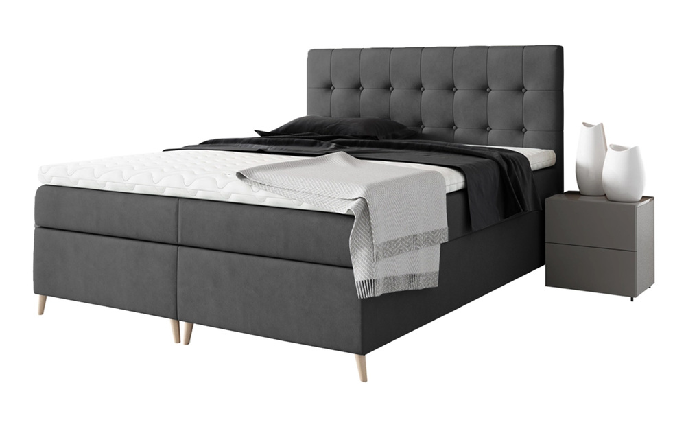 SELSEY Łóżko kontynentalne Merrans 200x200 z dwoma pojemnikami, materacem i topperem ciemnoszare hydrofobowe