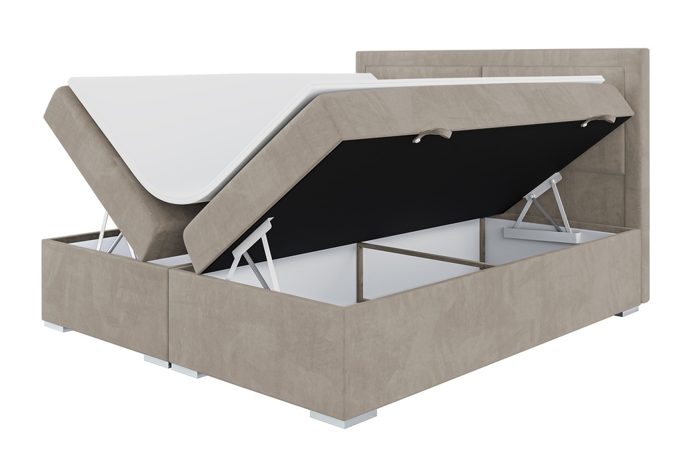 SELSEY Łóżko kontynentalne 160x200 cm Pelisa z pojemnikami i topperem beżowe welur hydrofobowy