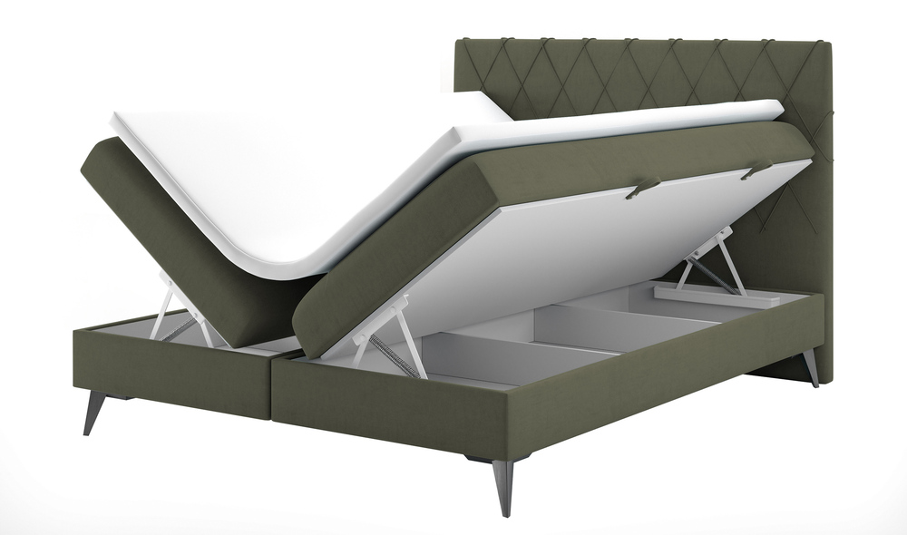 SELSEY Łóżko kontynentalne 180x200 cm Welagano z pojemnikami i topperem oliwkowe welur hydrofobowy
