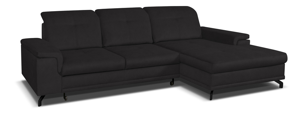 SELSEY Narożnik z funkcją spania Berberati L-kształtny czarny nogi czarne velvet hydrofobowy z pojemnikiem prawostronny