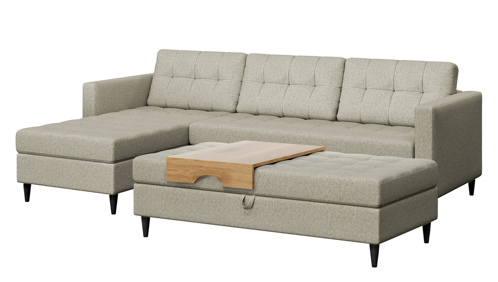 SELSEY Narożnik Kopenhaga beżowy czarne drewniane nóżki z pufą welur hydrofobowy uniwersalny z nakładką z funkcją spania