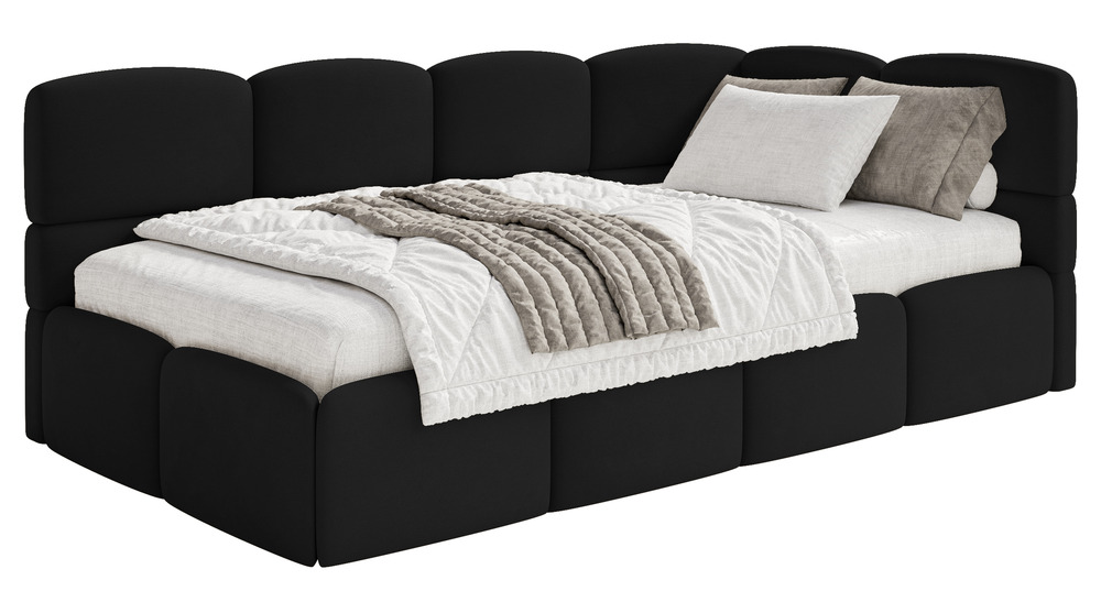 SELSEY Łóżko młodzieżowe 90x200 cm Cloudy prawostronne z materacem i pojemnikiem czarne welur hydrofobowy łatwoczyszczący