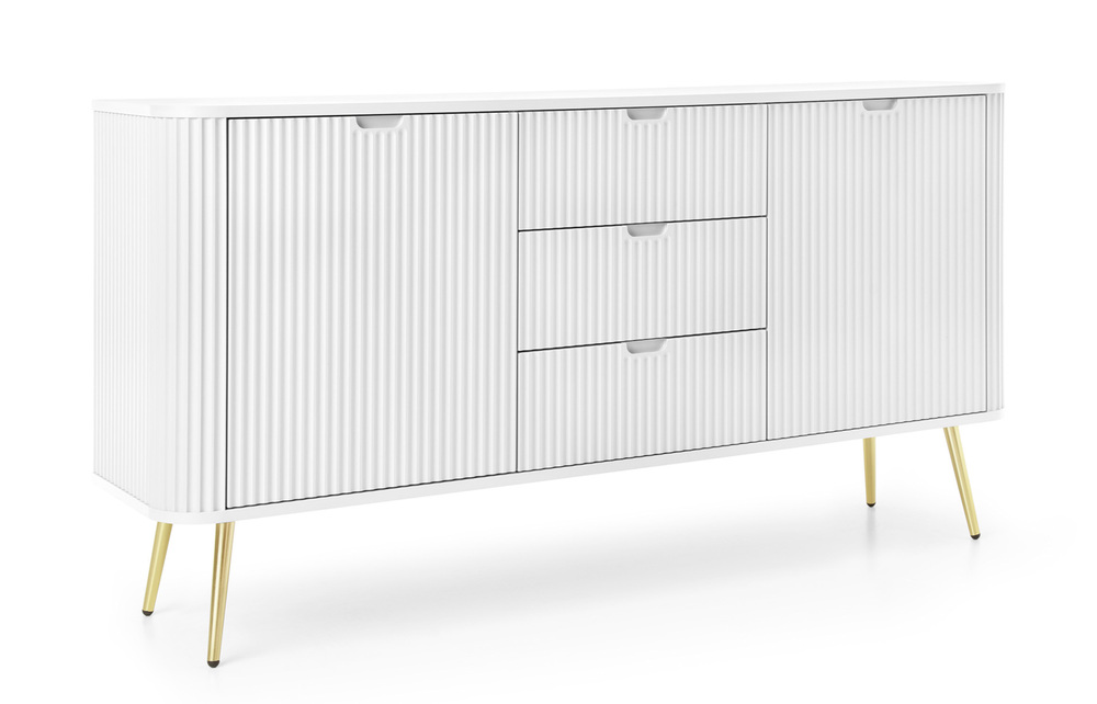 SELSEY Komoda dwudrzwiowa Zova z trzema szufladami i lamelowymi frontami 168 cm Biała ze złotymi nogami