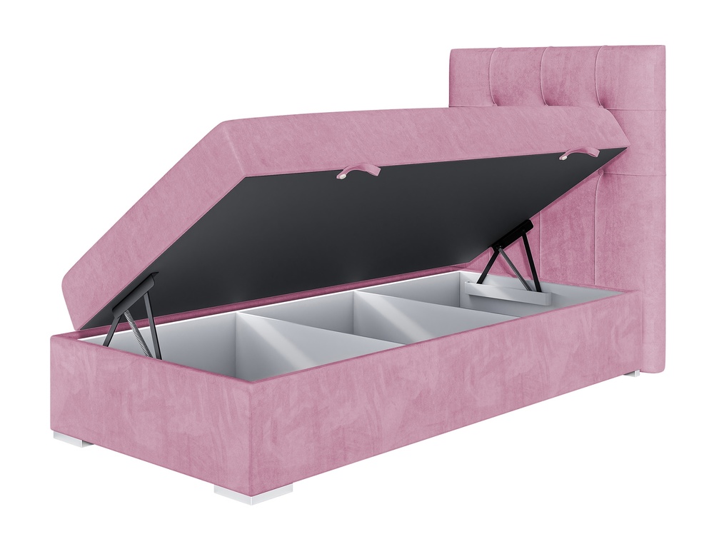 SELSEY Łóżko kontynentalne 90x200 cm Tondela z pojemnikiem i topperem różowe welur hydrofobowy prawostronne