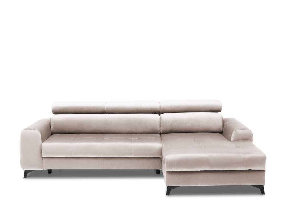 SELSEY Narożnik z funkcją spania Palmela L-kształtny z elektrycznie wysuwanym siedziskiem i pojemnikiem jasnobeżowy welur hydrofobowy prawostronny