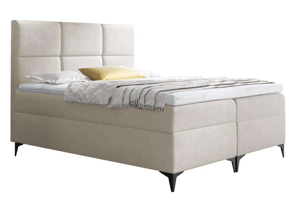 SELSEY Łóżko kontynentalne Firome 200x200 z dwoma pojemnikami, materacem i topperem kremowe hydrofobowe