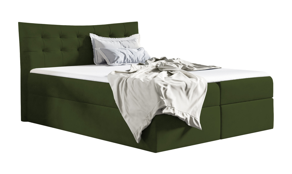 SELSEY Łóżko kontynentalne Ramblano 160x200 z dwoma pojemnikami, materacem i topperem oliwkowe hydrofobowe