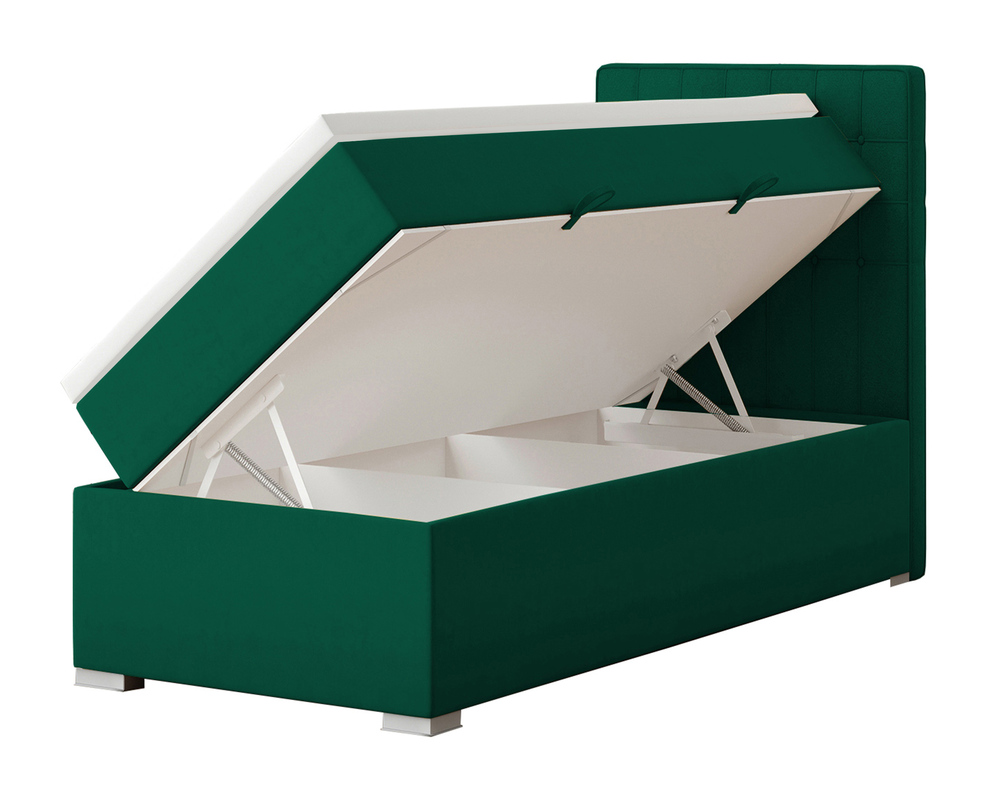 SELSEY Łóżko kontynentalne 90x200 cm Ketlin z pojemnikiem i topperem zielone welur hydrofobowy prawostronne