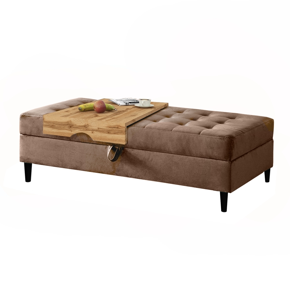 SELSEY Pufa Kopenhaga z nakładką na czarnych nóżkach z drewna brązowa welur hydrofobowy