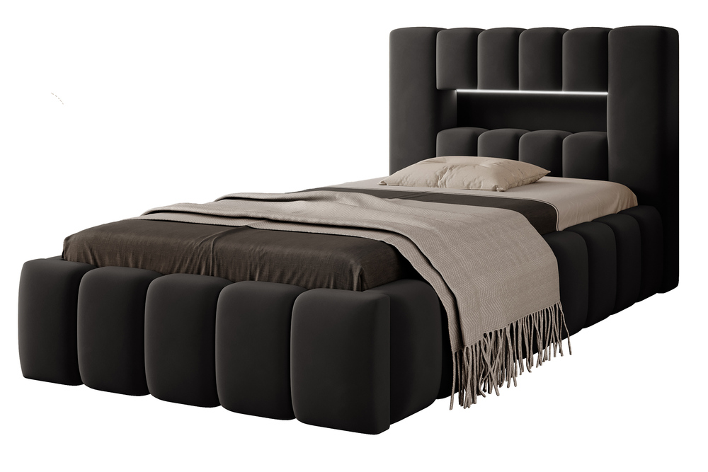 SELSEY Łóżko tapicerowane 90x200 cm Rodeiro z pojemnikiem i oświetleniem czarne w tkaninie hydrofobowej