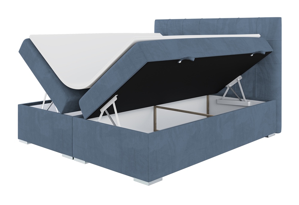 SELSEY Łóżko kontynentalne 160x200 cm Tondela z pojemnikami i topperem niebieskie welur hydrofobowy