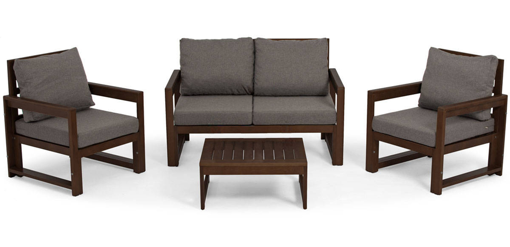 SELSEY Zestaw mebli ogrodowych Ritalous z sofą, dwoma fotelami i stolikiem kawowym drewniany ciemnobrązowy/grafitowy