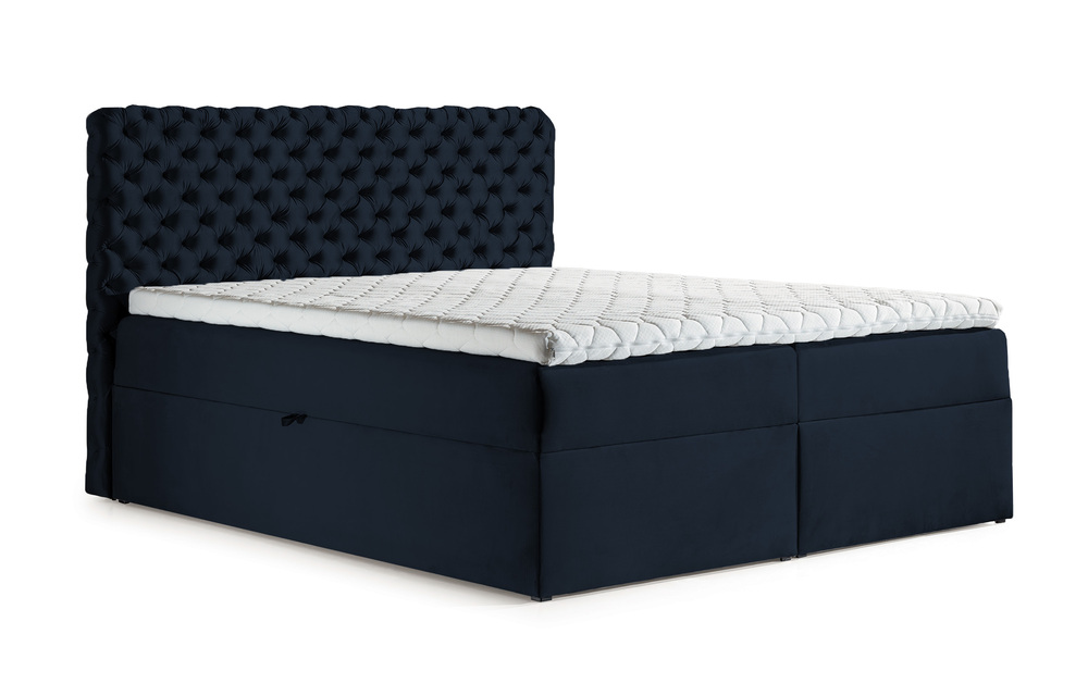 SELSEY Łóżko kontynentalne Costmary 200x200 z dwoma pojemnikami, materacem i topperem granatowe hydrofobowe